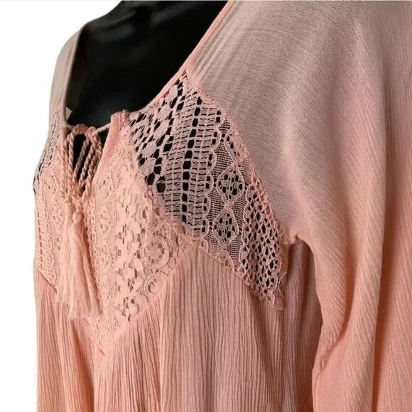 PURPLE Snow Boho Tunic Top Pale Pink Gauze Crochet Long Sleeves Size: L - Picture 7 of 9